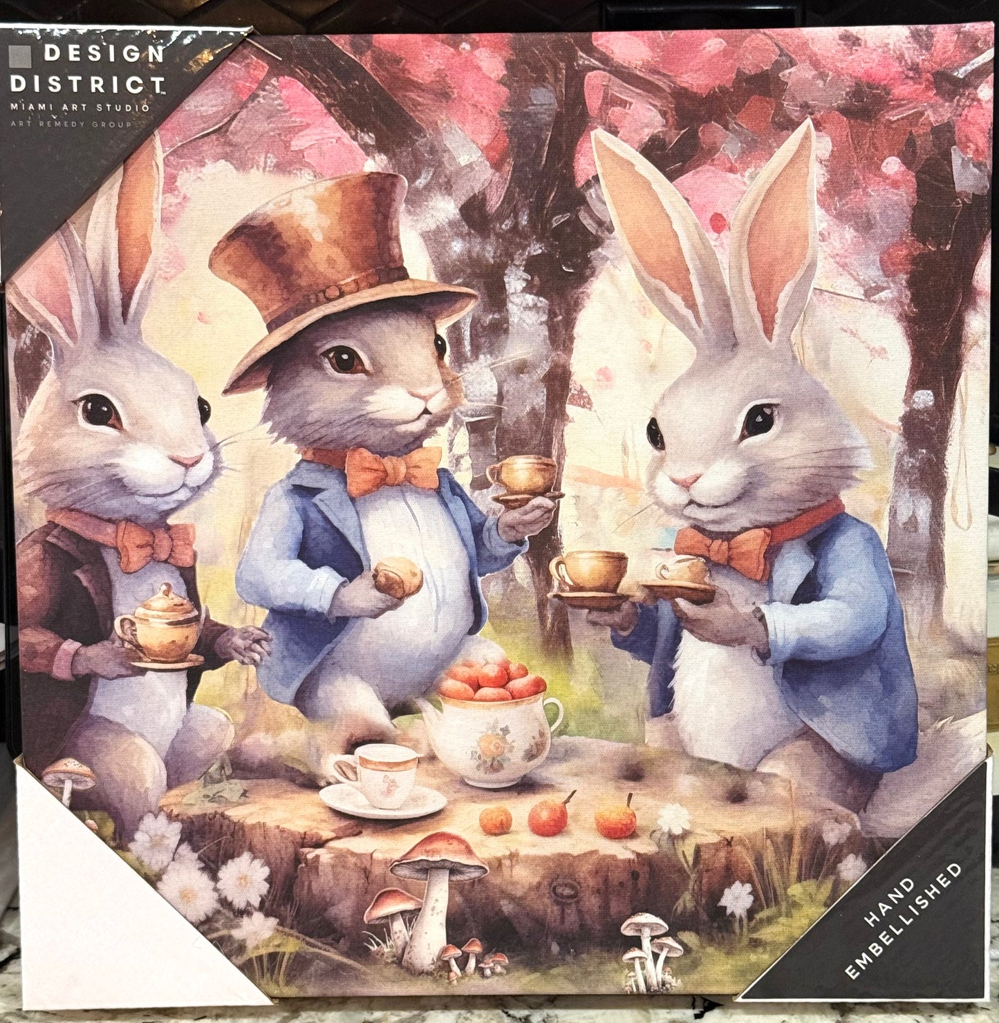 New Design District 12x12 Easter Bunny tea party picture -tree stump