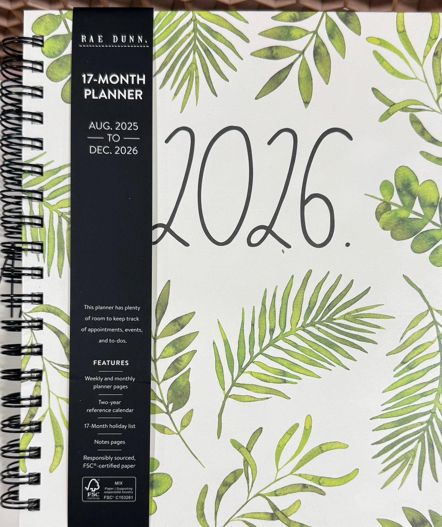 New Rae Dunn 2025/2026 Planner white leaf print. Spiral, hardback