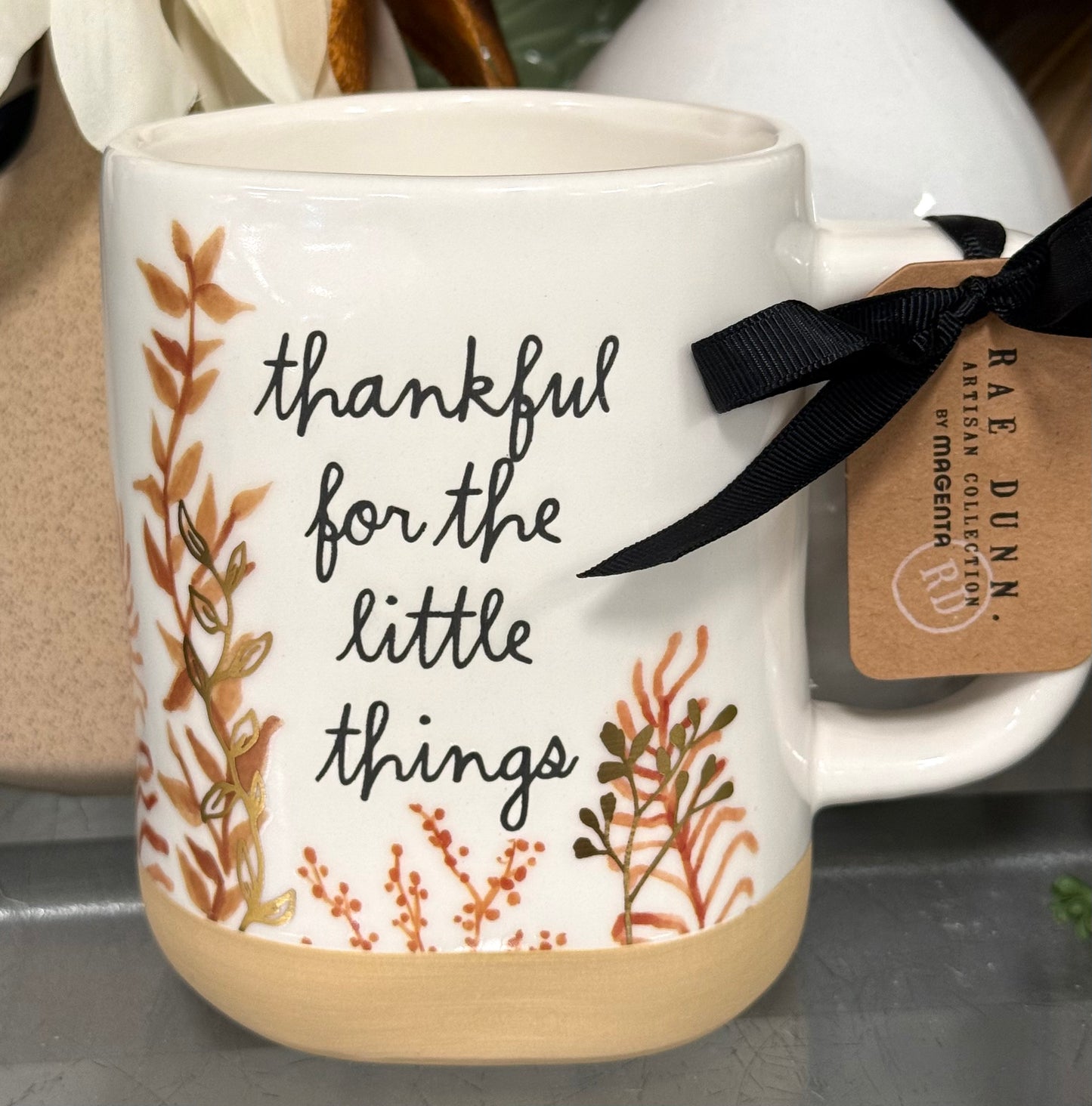New Rae Dunn white ceramic coffee mug THANKFUL FOR THE LITTLE THINGS