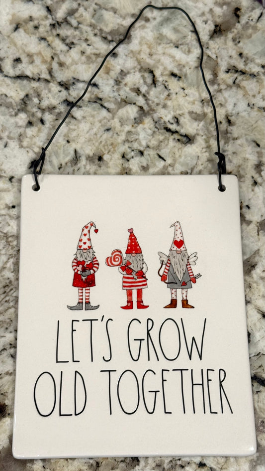 New Rae Dunn white ceramic elf gnomes LET’S GROW OLD TOGETHER wall hanging sign