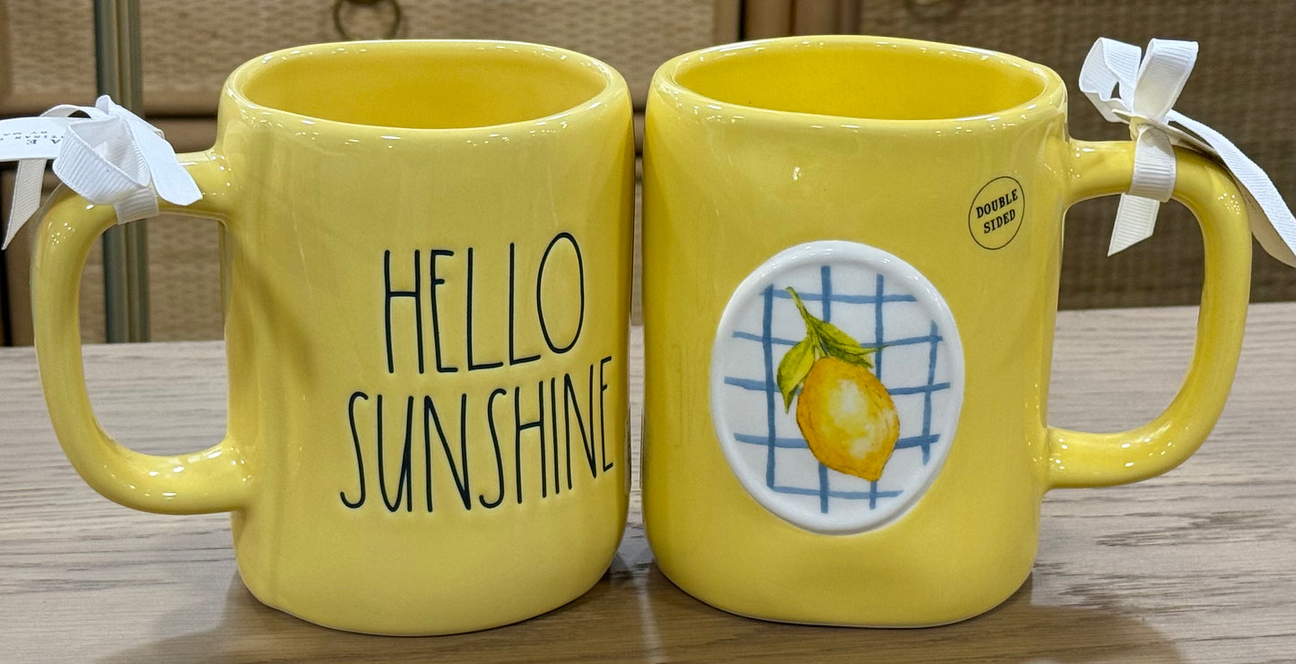New Rae Dunn yellow ceramic coffee mug, double sided lemon back HELLO SUNSHINE