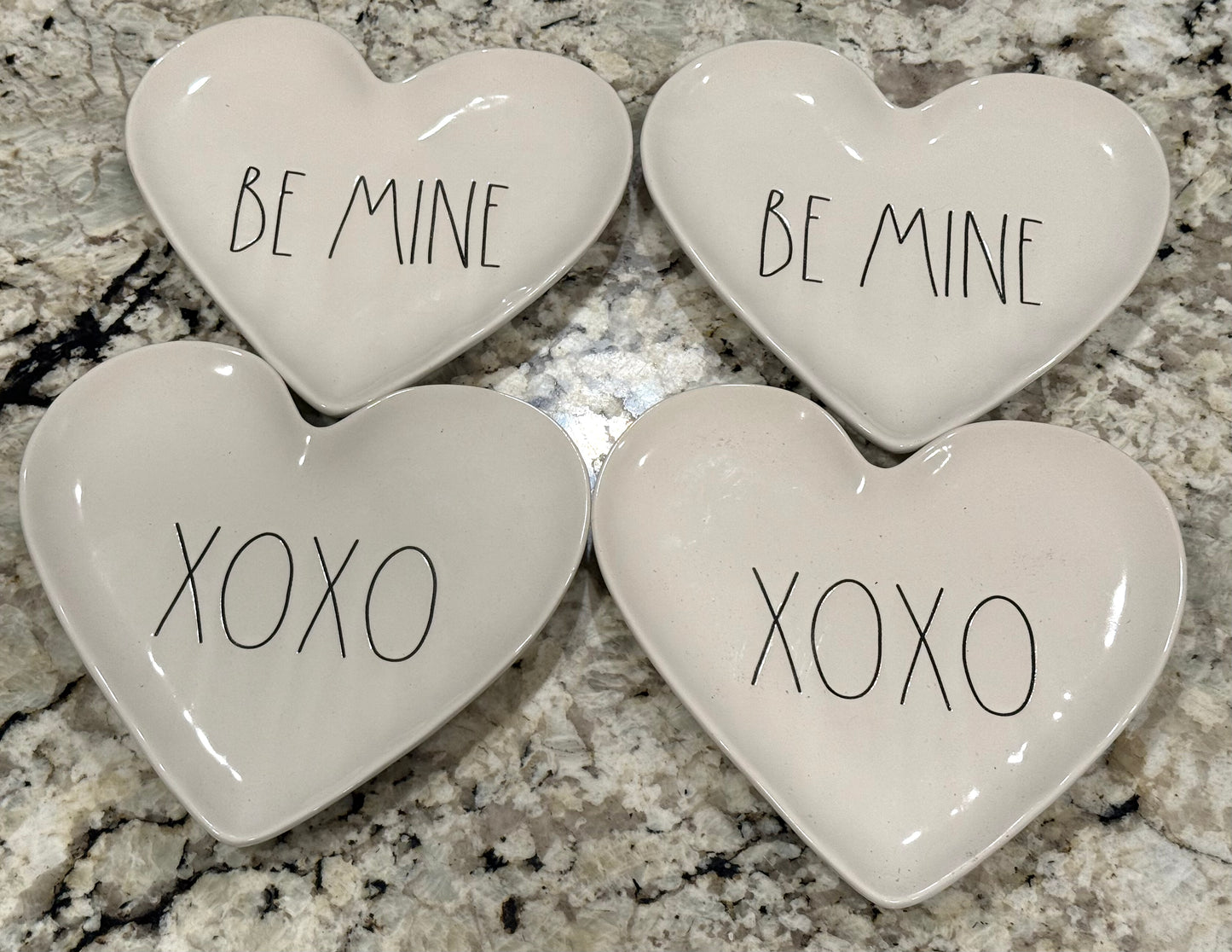 New Rae Dunn white ceramic 4-piece heart shaped plate set XOXO/BE MINE