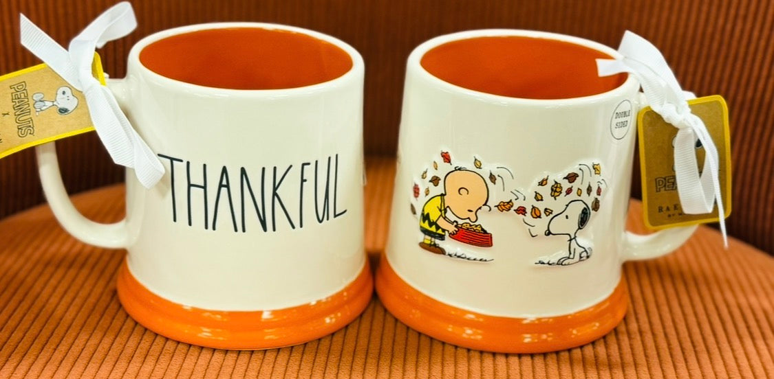 New Rae Dunn x Peanuts Snoopy ceramic Fall coffee mug THANKFUL