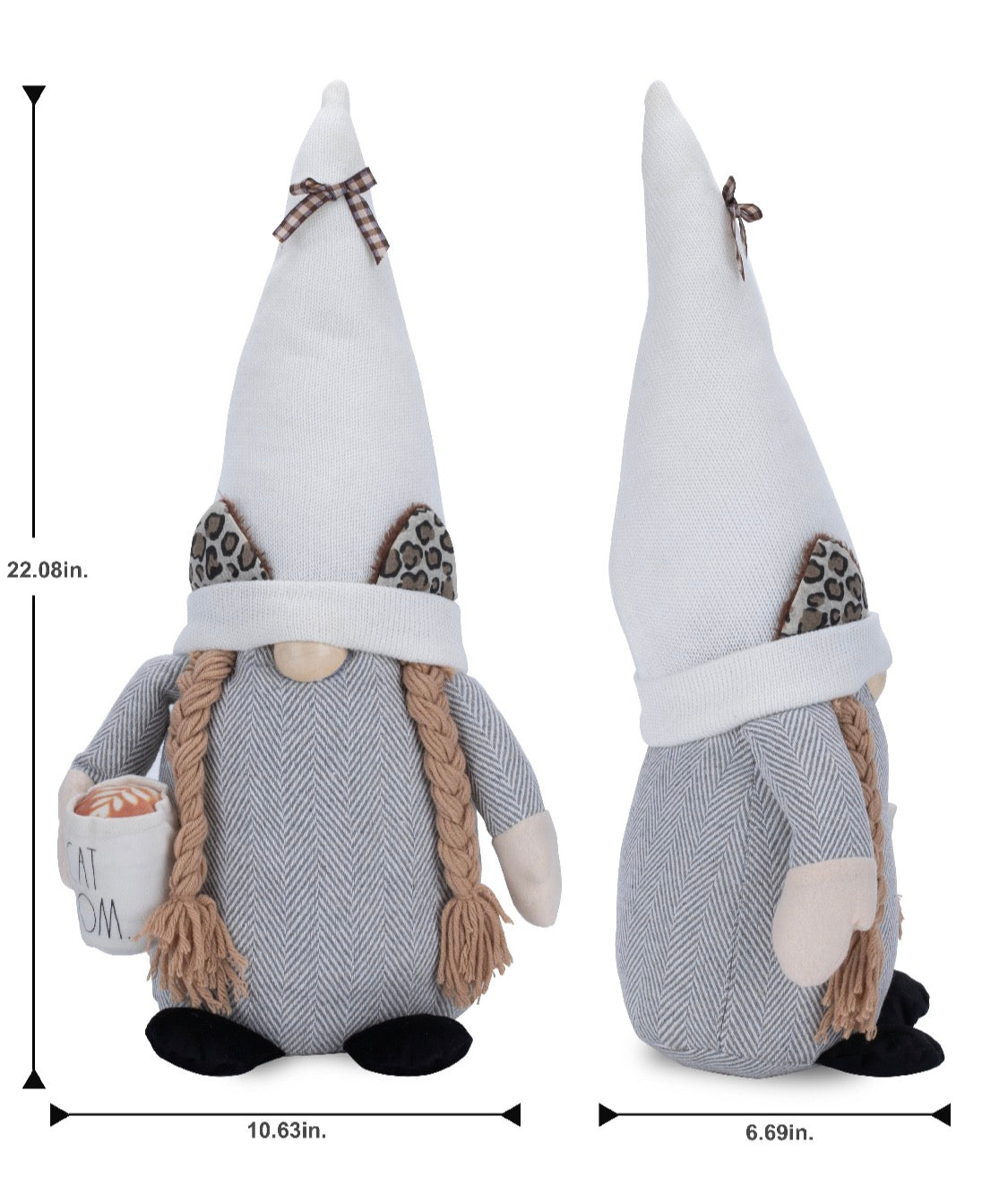 New Rae Dunn “Cat Mom” Grey Plush Cat-Theme Gnome with Mug