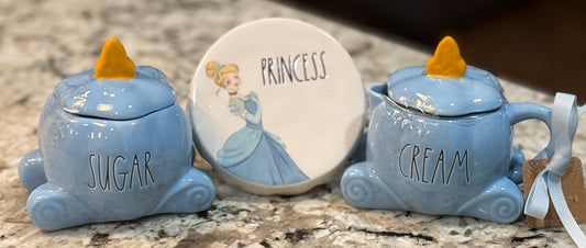 New Rae Dunn x Disney’s Cinderella 3-piece ceramic gift set cream/sugar carriage containers and cupcake stand