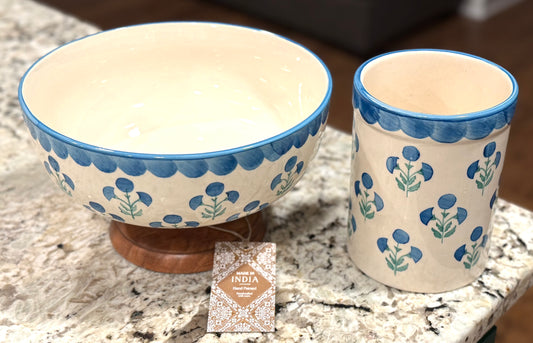 New Made in India blue floral 2-piece utensil holder & large pedestal fruit bowl