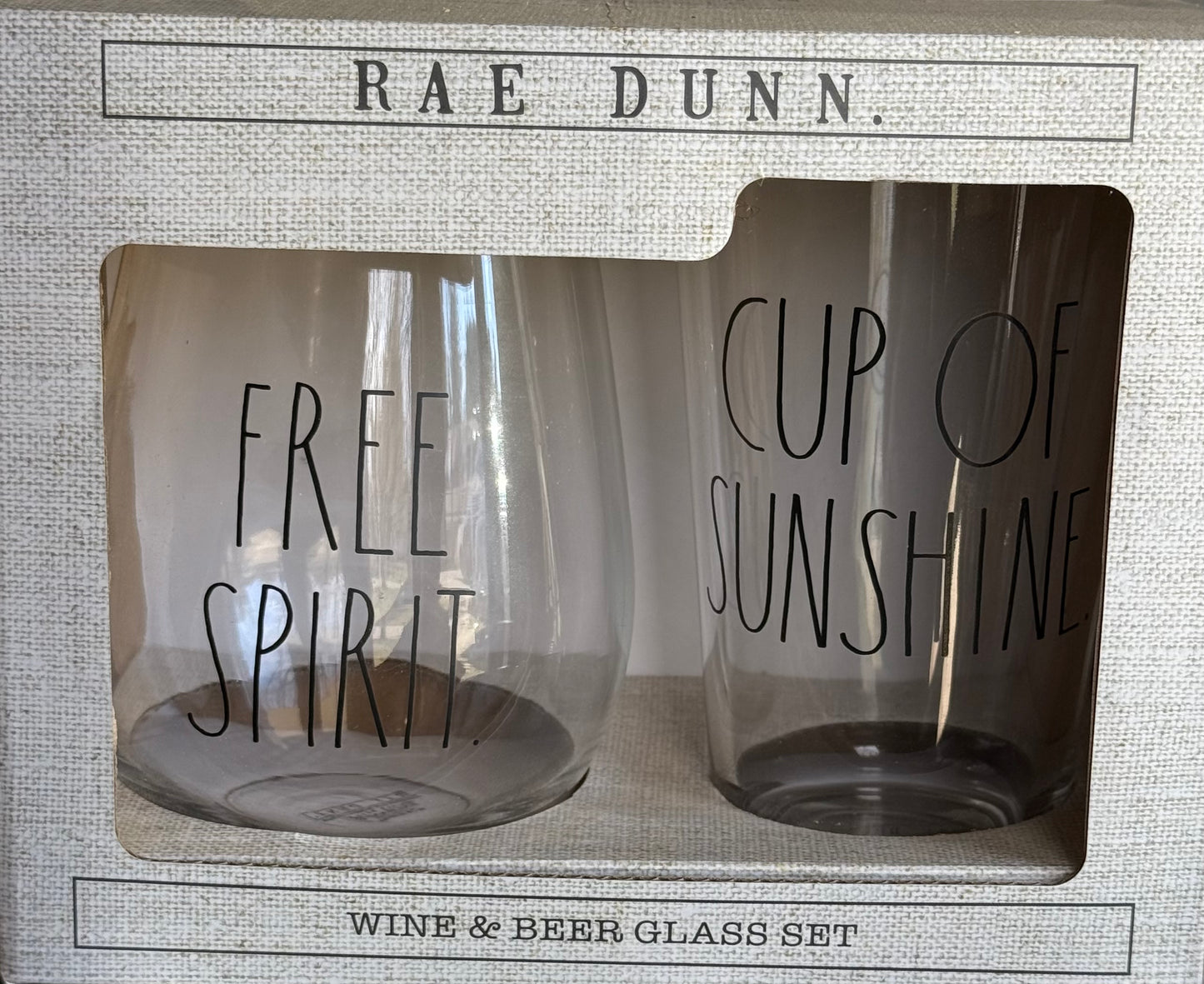 New Rae Dunn 2-piece glass wine & beer glass set FREE SPIRIT & CUP OF SUNSHINE