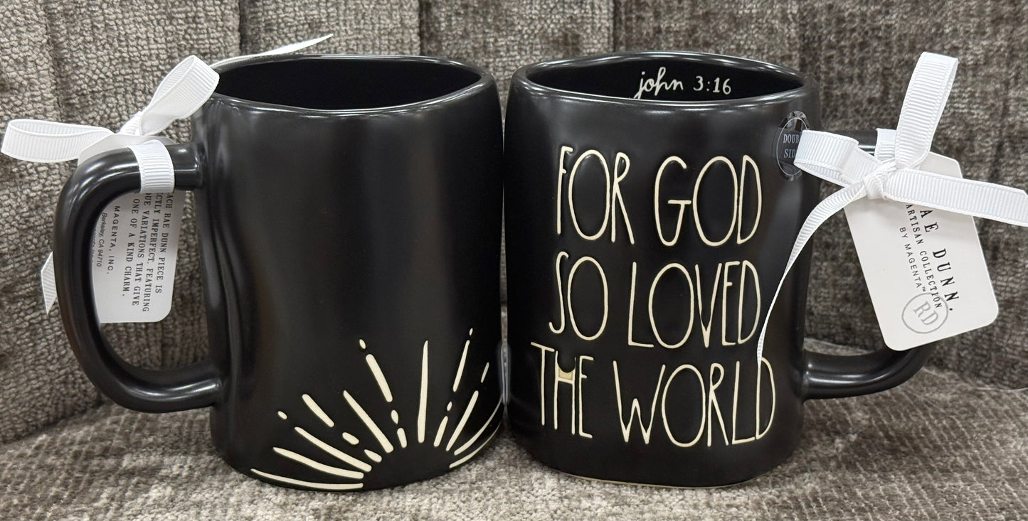 New Rae Dunn black ceramic coffee mug FOR GOD SO LOVED THE WORLD