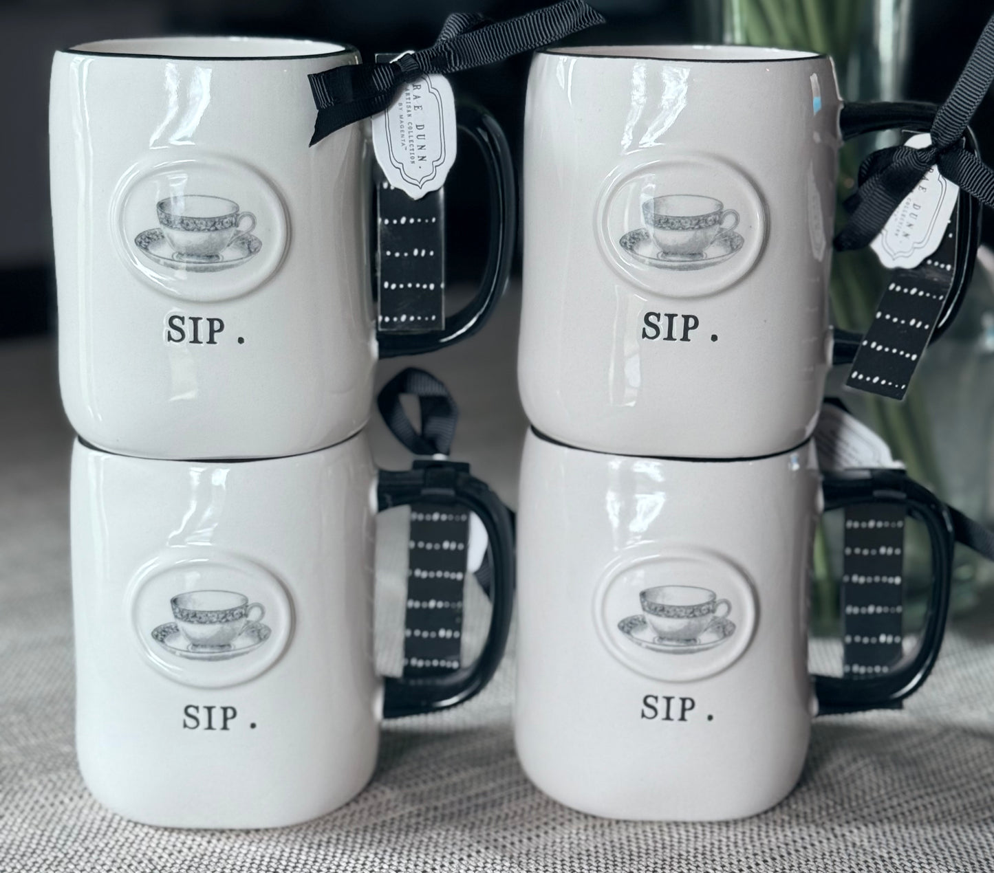 New Rae Dunn 4-piece white ceramic coffee mug set SIP