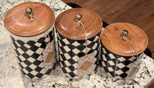 New 3-piece Made in India ceramic canister set black diamond check pattern 8.5” 7” 5.5” size.