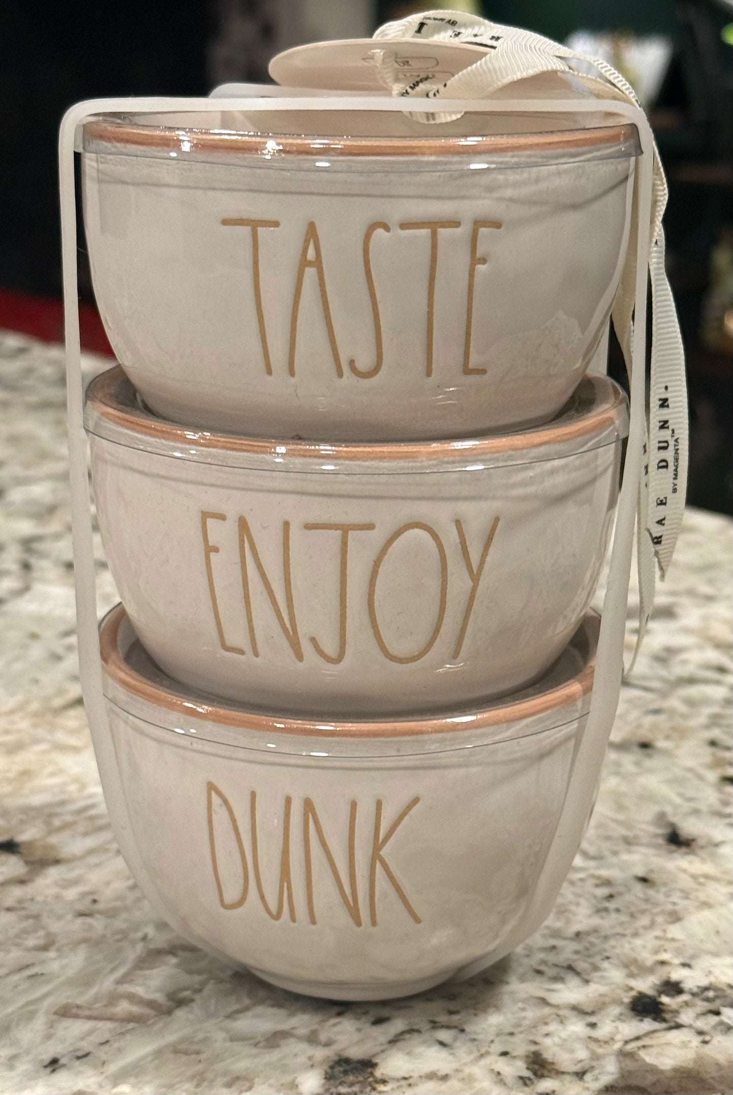 New Rae Dunn 3-piece white ceramic bowl set TASTE ENJOY DUNK
