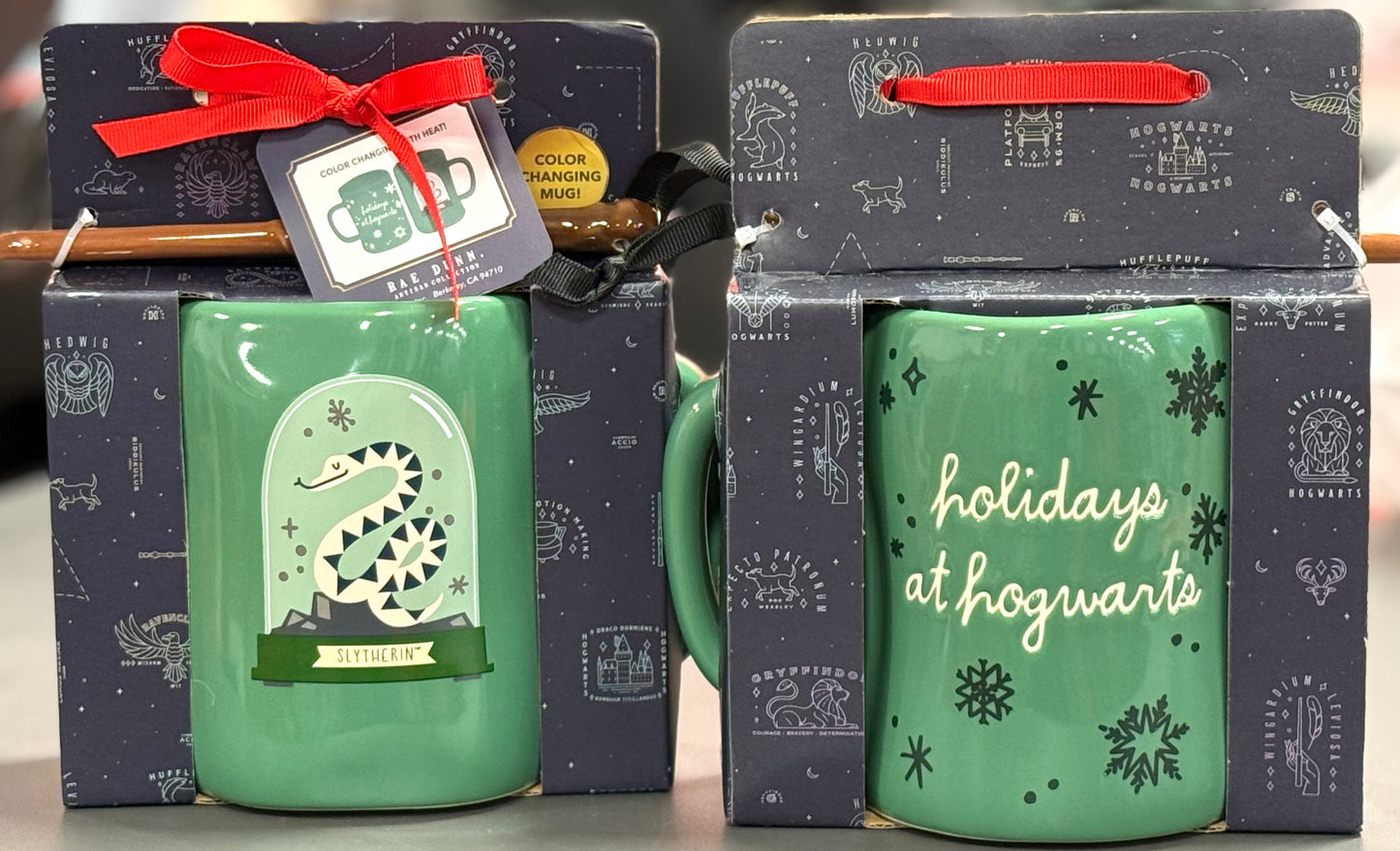 New Rae Dunn x Harry Potter ceramic Christmas coffee mug & wand stirer SLYTHERIN