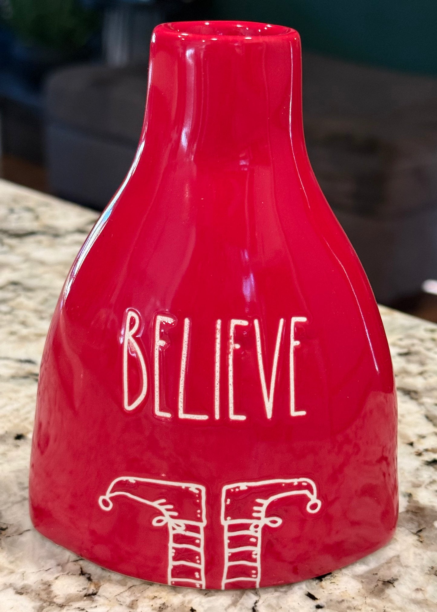 New Rae Dunn red ceramic 4.75” BELIEVE elf Christmas vase
