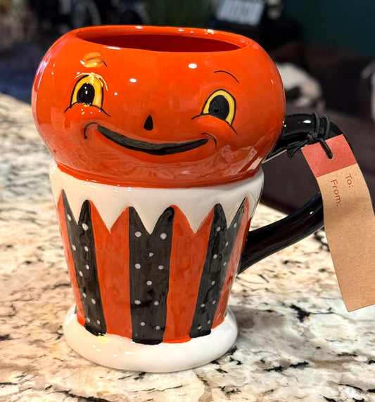 New Joanna Parker ceramic pumpkin face coffee mug