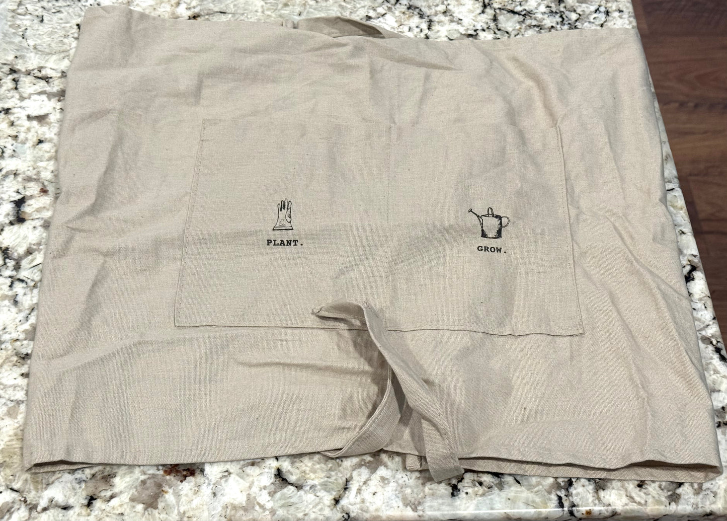 Rae Dunn taupe ICON gardening apron with tie, pocket