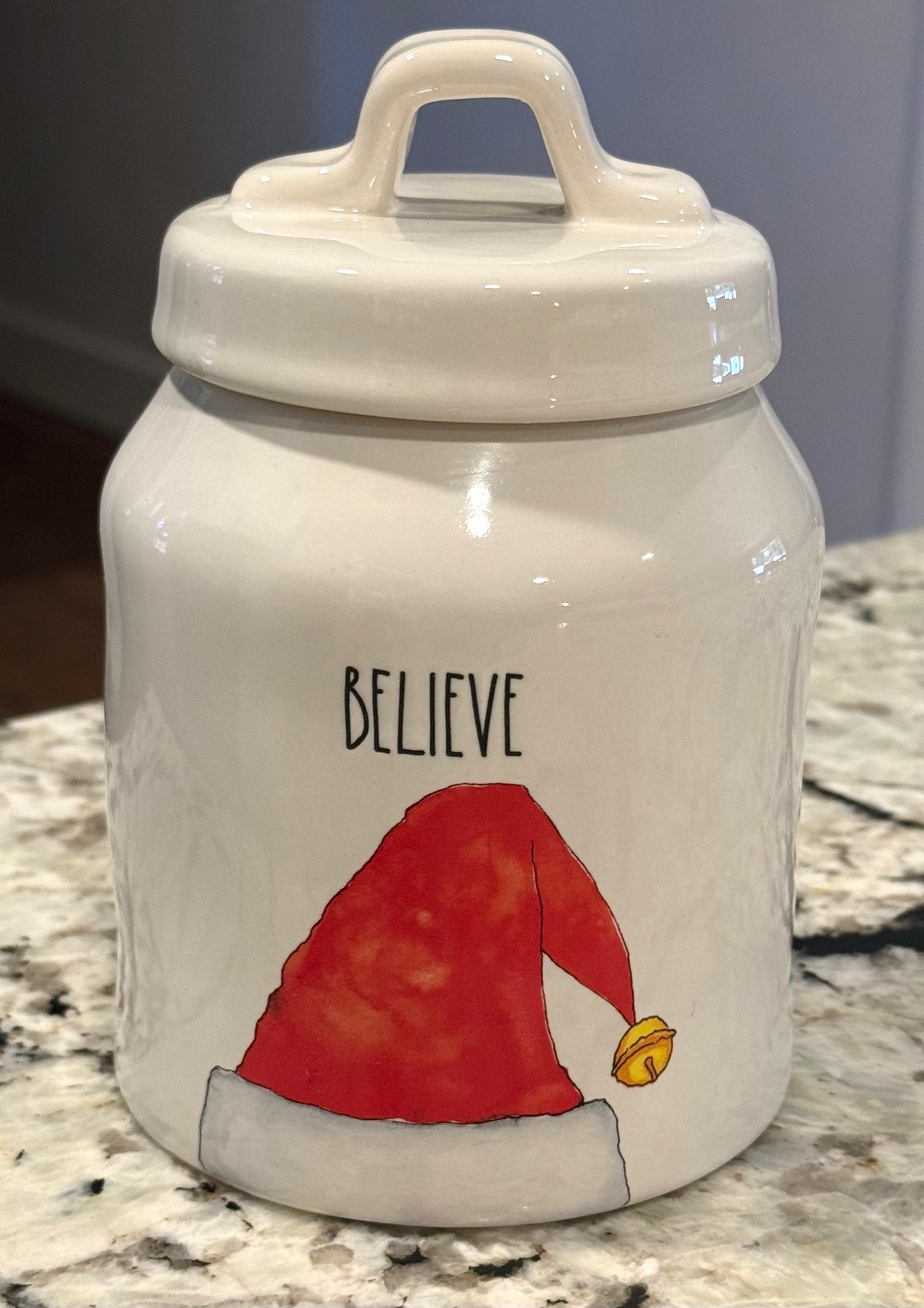 New Rae Dunn white ceramic Christmas 6” canister BELIEVE