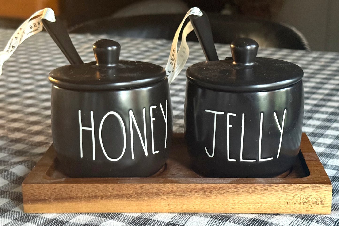 New Rae Dunn black ceramic HONEY & JELLY storage set with base & spoons