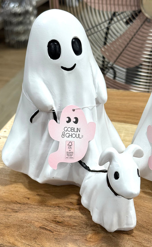 New 2-piece resin Mr. & Mrs. Ghost walking dog resin couple Halloween decor