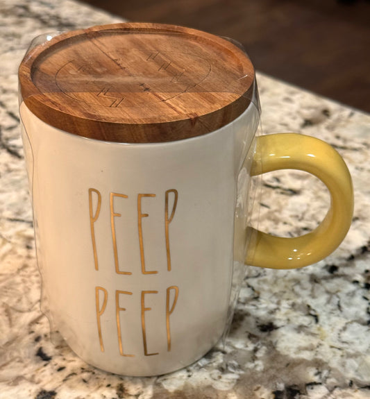 New Rae Dunn yellow & white ceramic Easter coffee mug PEEP PEEP coaster top