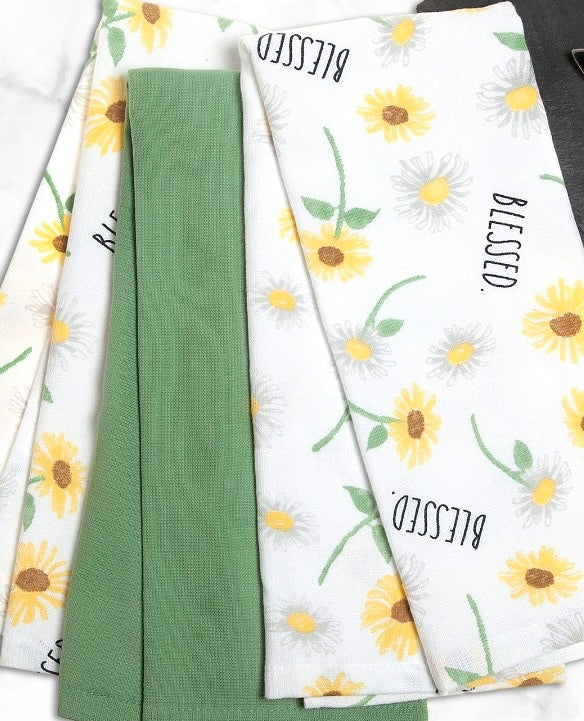 New Rae Dunn 3-piece daisy kitchen dish towel set BLESSED