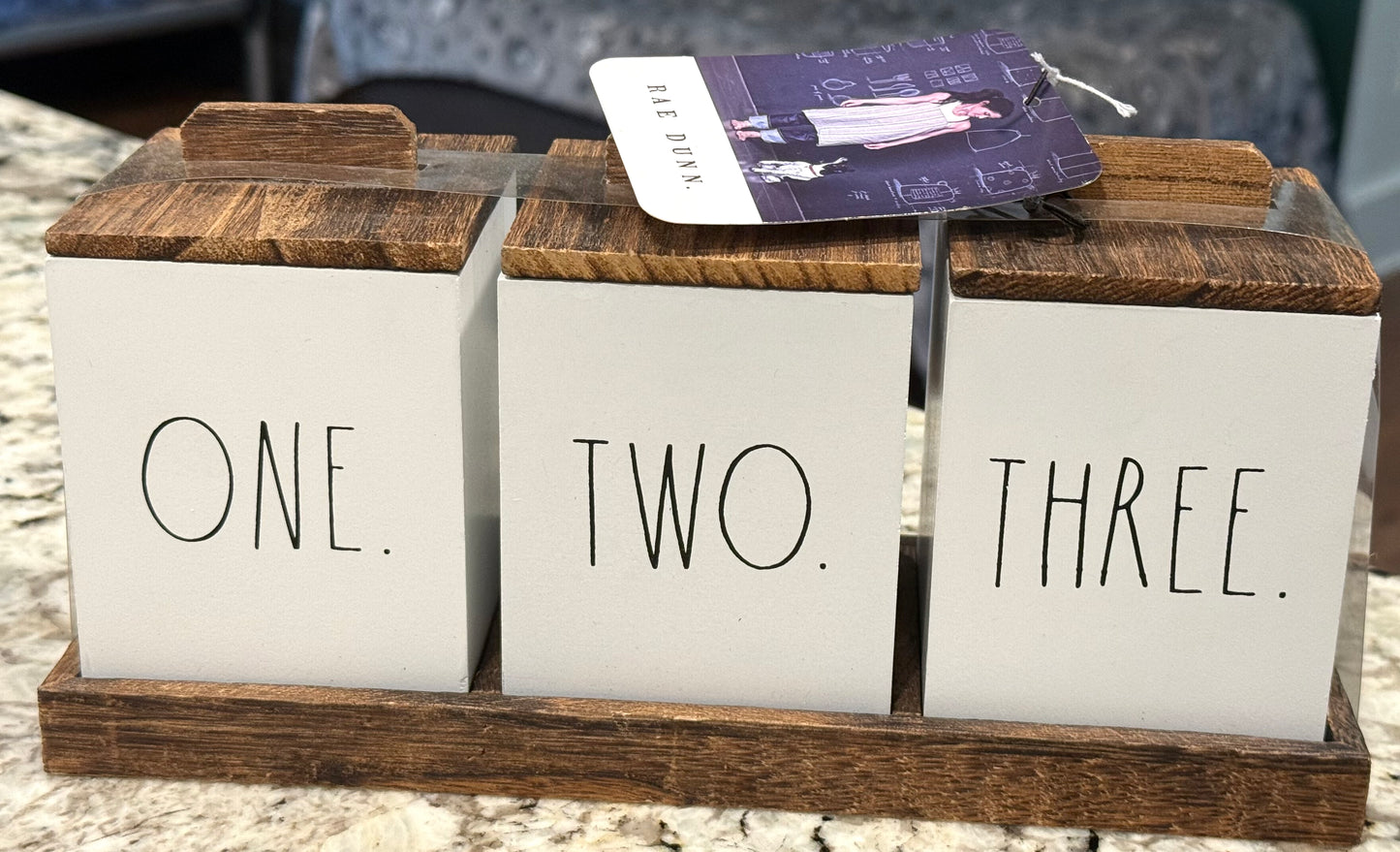 New Rae Dunn wood storage caddy block set ONE TWO THREE