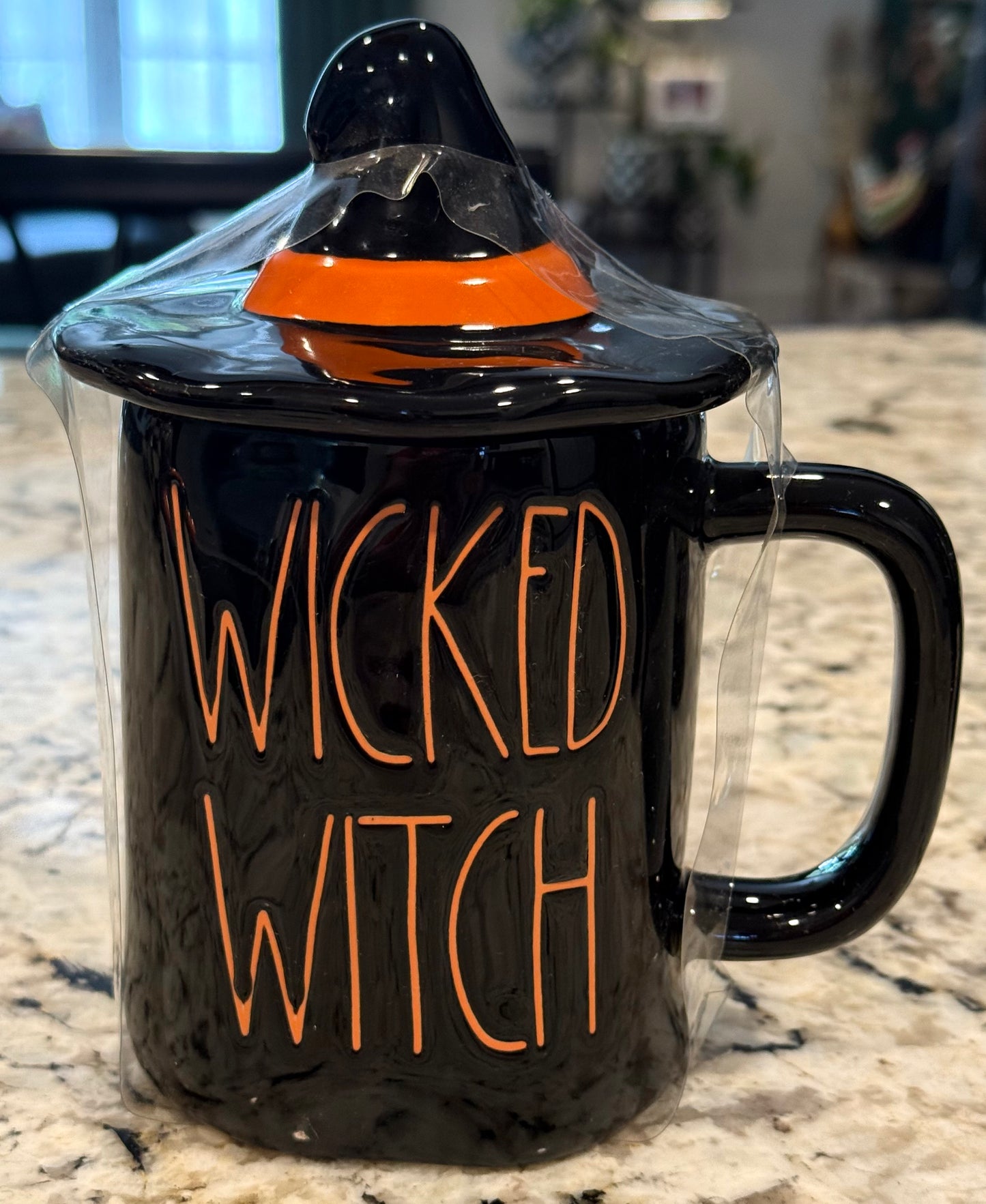 New Rae Dunn black-iridescent witches hat topped mug WICKED WITCH