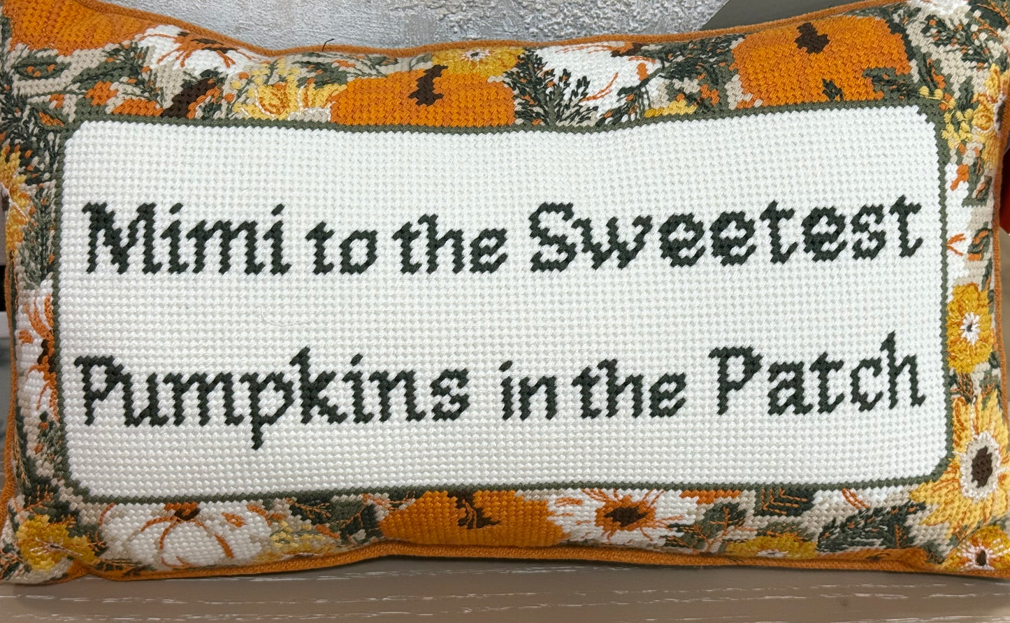 New fall floral needlepoint hook throw pillow MIMI TO THE SWEETEST PUMPKINS IN THE PATCH 9x16