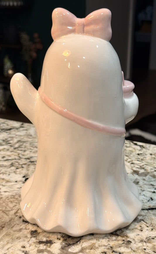 New ceramic pink and white Halloween handbag/coffee ghost decor 10x6”