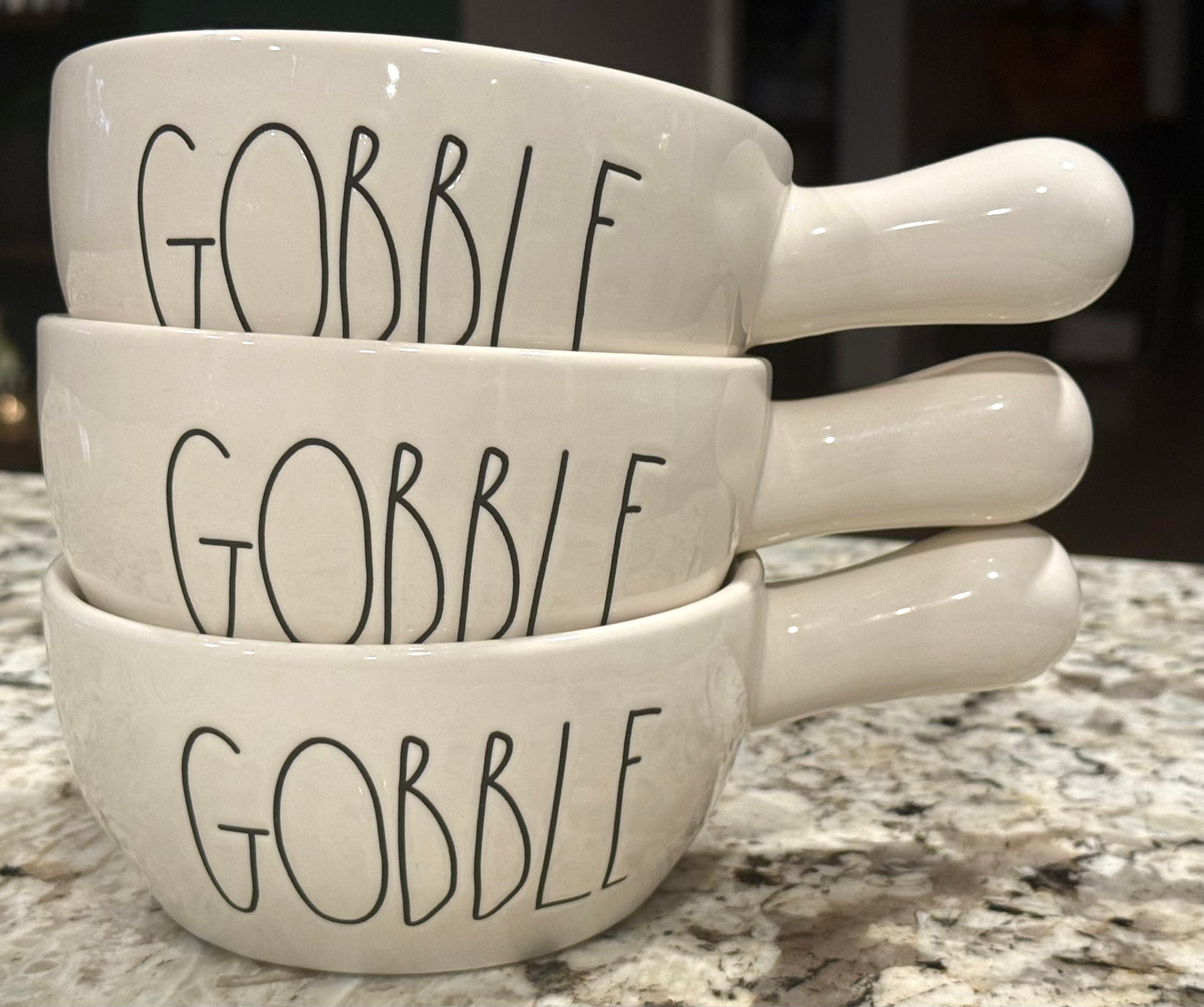 New Rae Dunn 3-piece white ceramic GOBBLE handled soup bowl set