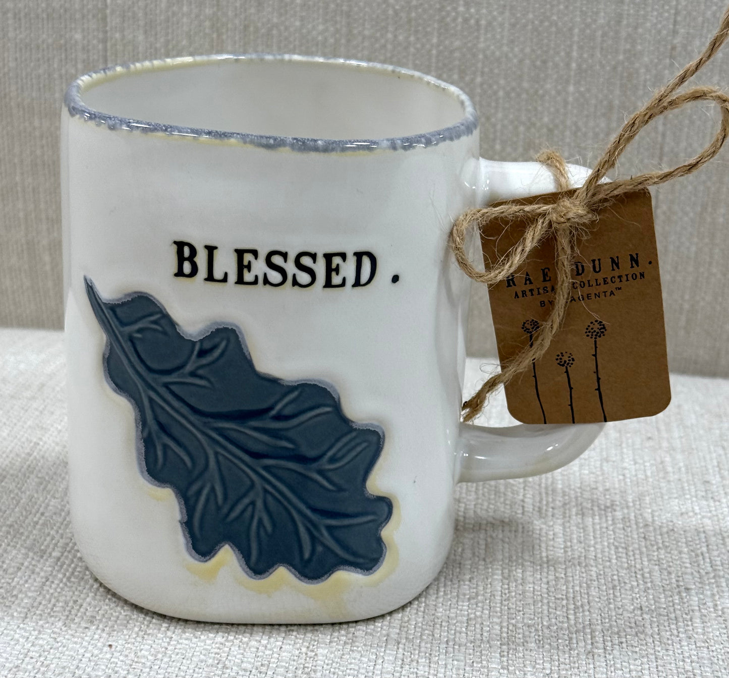 New Rae Dunn white ceramic BLESSED leaf print fall coffee mug