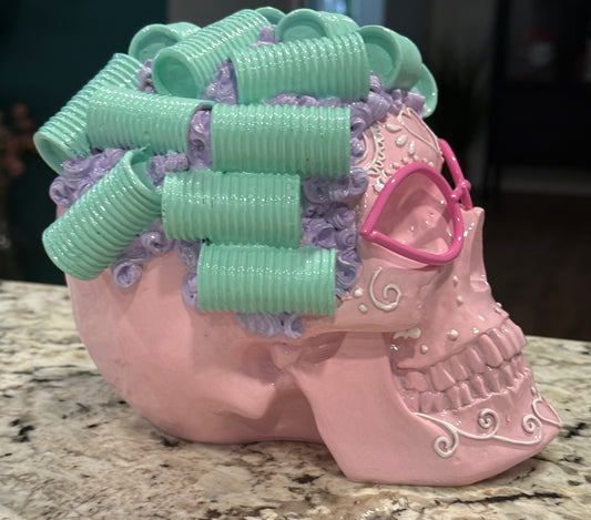 New pink Halloween skull lady with hair curlers 7x6.5