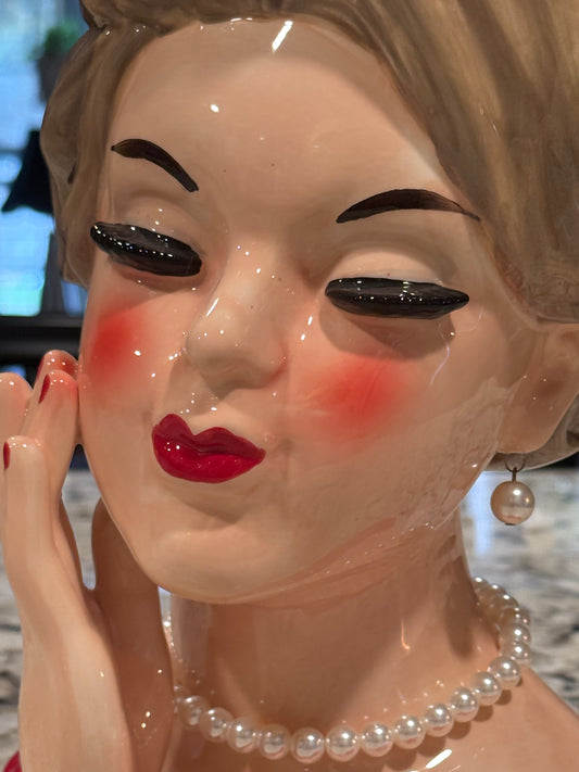 New December Diamonds poinsettia hat Christmas Vintage Lady Head Vase