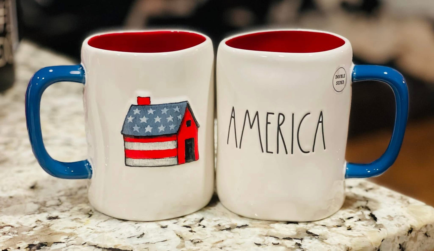 New Rae Dunn ceramic AMERICA πΊπΈ barn July 4th coffee mug decor