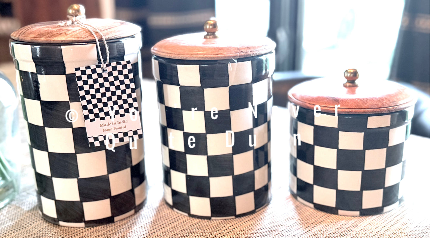 New Courtly Check checkered made in India ceramic black & white canister set 8, 7.5, 5”
