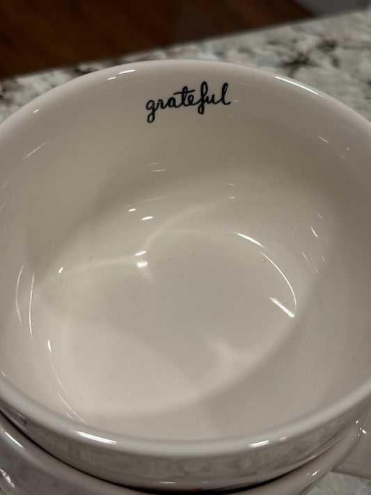 New Rae Dunn white ceramic fall handled bowl set GRATEFUL