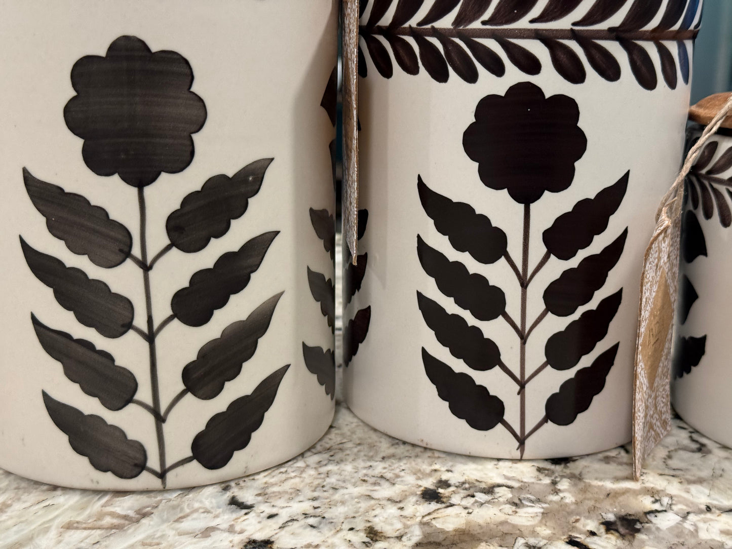 New Made in India brown floral wood lid canister set 9, 7, 5” tall