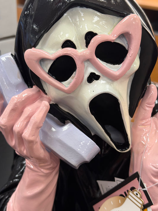 New Goulish resin light up Halloween decor pink & black Scream girl on phone decor