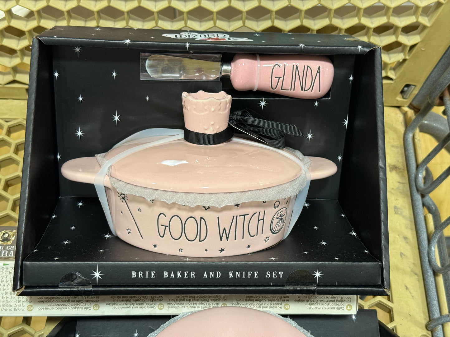 New Rae Dunn x Wizard of Oz pink ceramic Brie baker and knife set GLINDA THE GOOD WITCH
