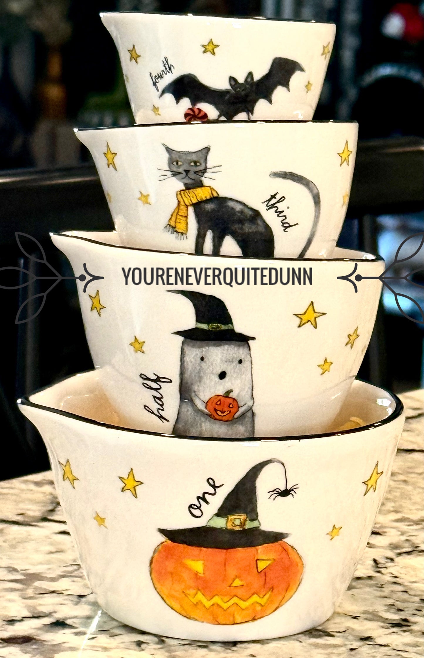 New release Rae Dunn pumpkin face ceramic Halloween measuring cup set