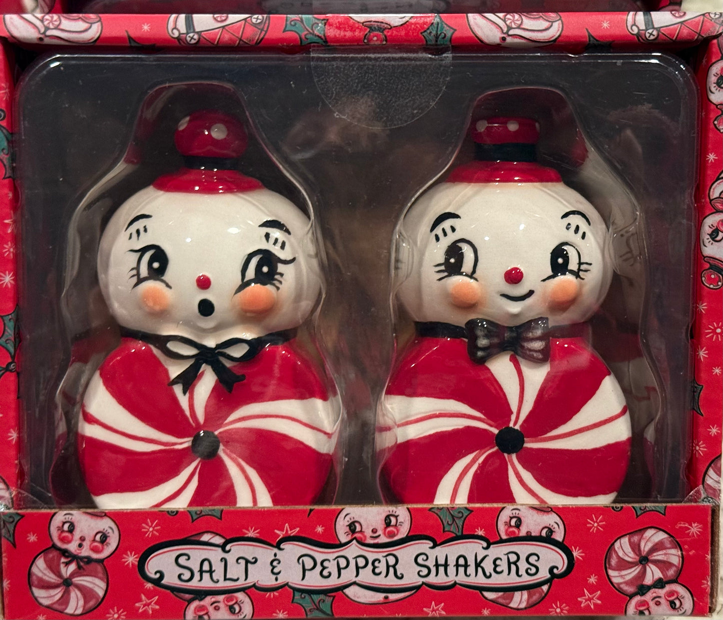New release Christmas Johanna Parker snowman salt & pepper shaker set peppermint red