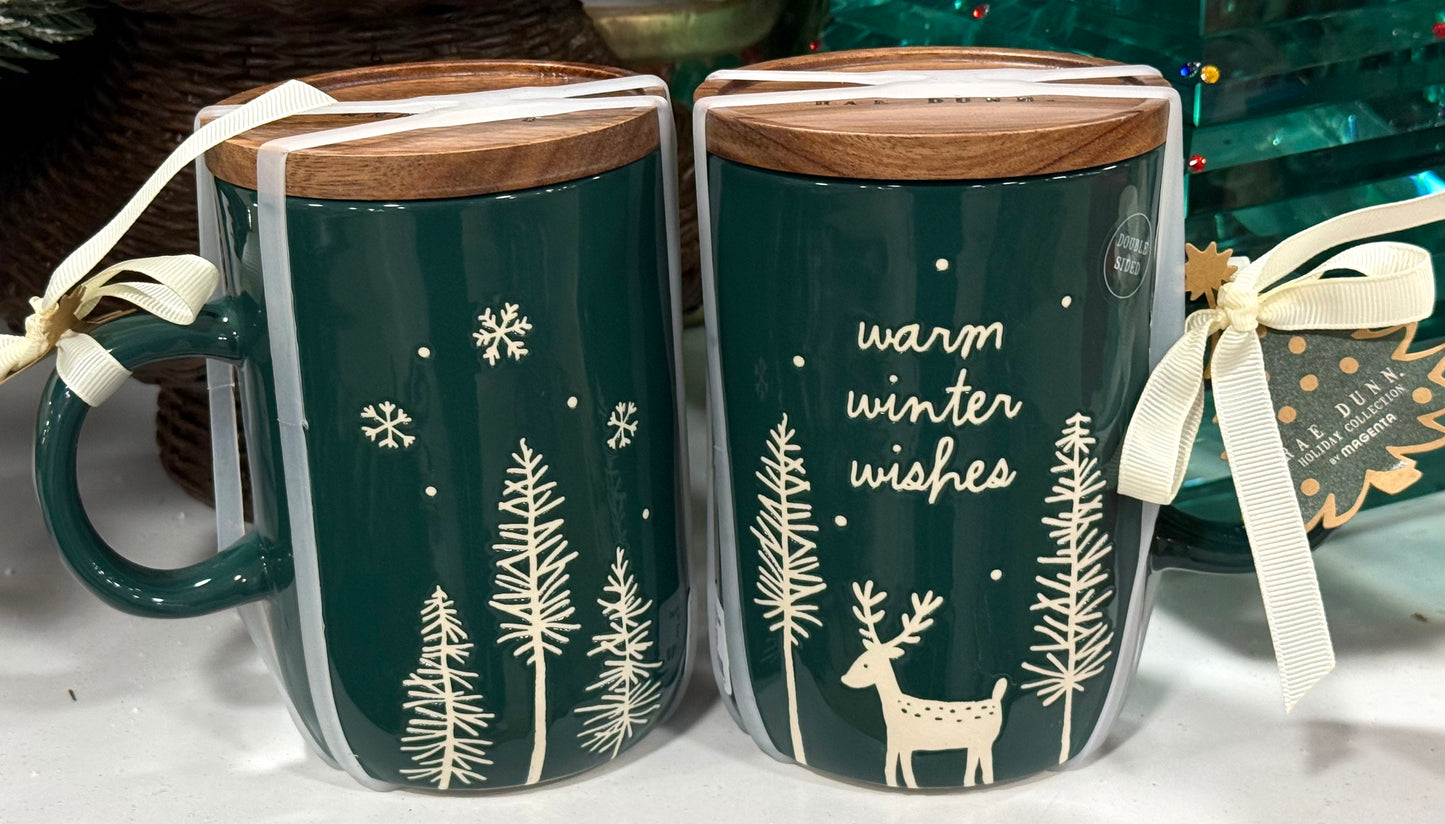 New Rae Dunn green ceramic coaster lid coffee mug WARM WINTER WISHES (1)