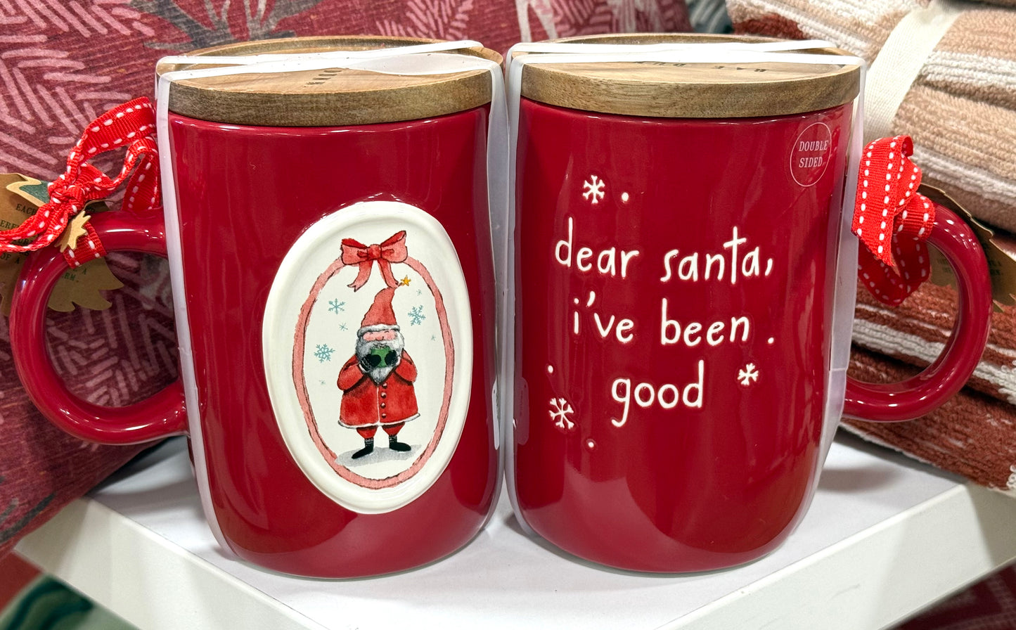New Rae Dunn red ceramic Christmas Santa back, coaster top coffee mug (1) DEAR SANTA, IVE BEEN GOOD 