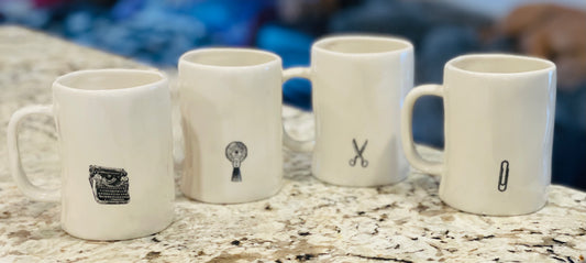 Rae Dunn ceramic Typewriter 4-piece coffee mug set