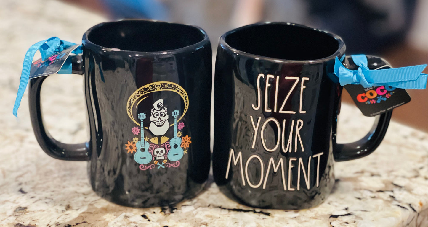 New Rae Dunn black iridescent ceramic Pixar COCO movie coffee mug-SEIZE YOUR MOMENT