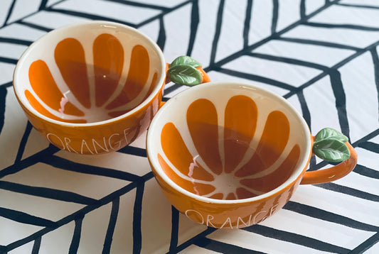 New Rae Dunn 2-piece orange ceramic juice mug set