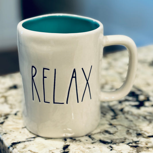 New Rae Dunn white ceramic coffee mug RELAX