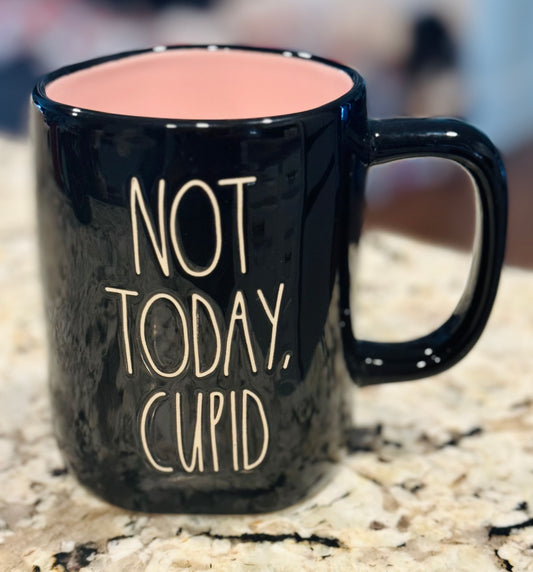 New Rae Dunn pink & black ceramic coffee mug NOT TODAY, CUPID