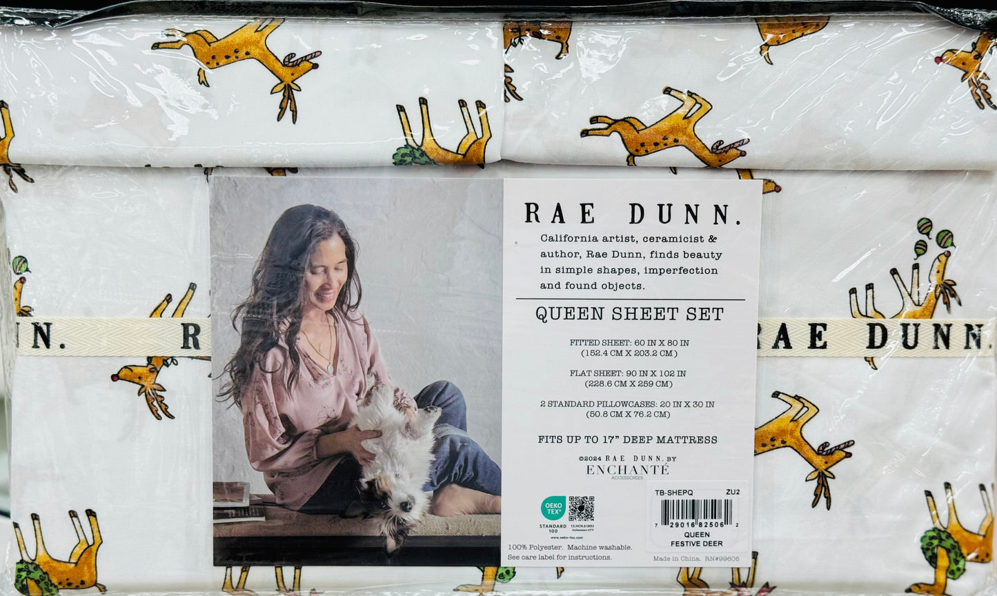 New Rae Dunn white QUEEN size 100% polyester blue snowman sheets deer print