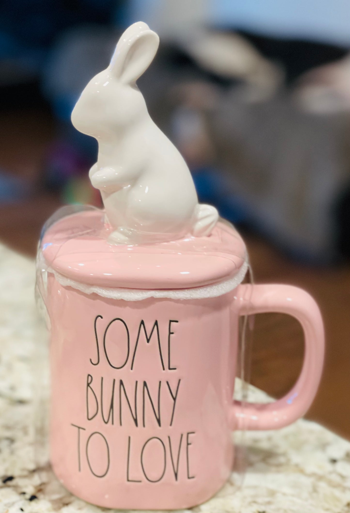 New Rae Dunn pink ceramic Easter topped coffee mug decor SOME BUNNY TO LOVE