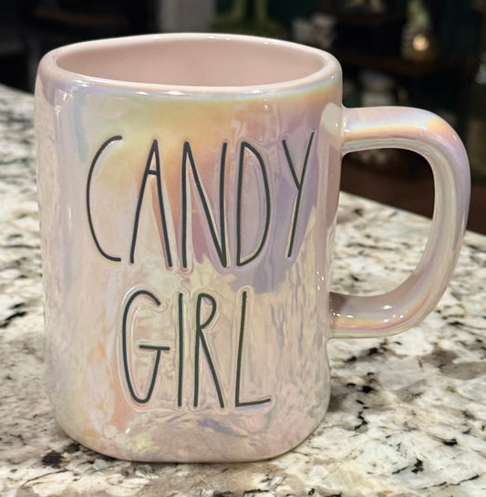 New Rae Dunn white iridescent ceramic coffee mug CANDY GIRL